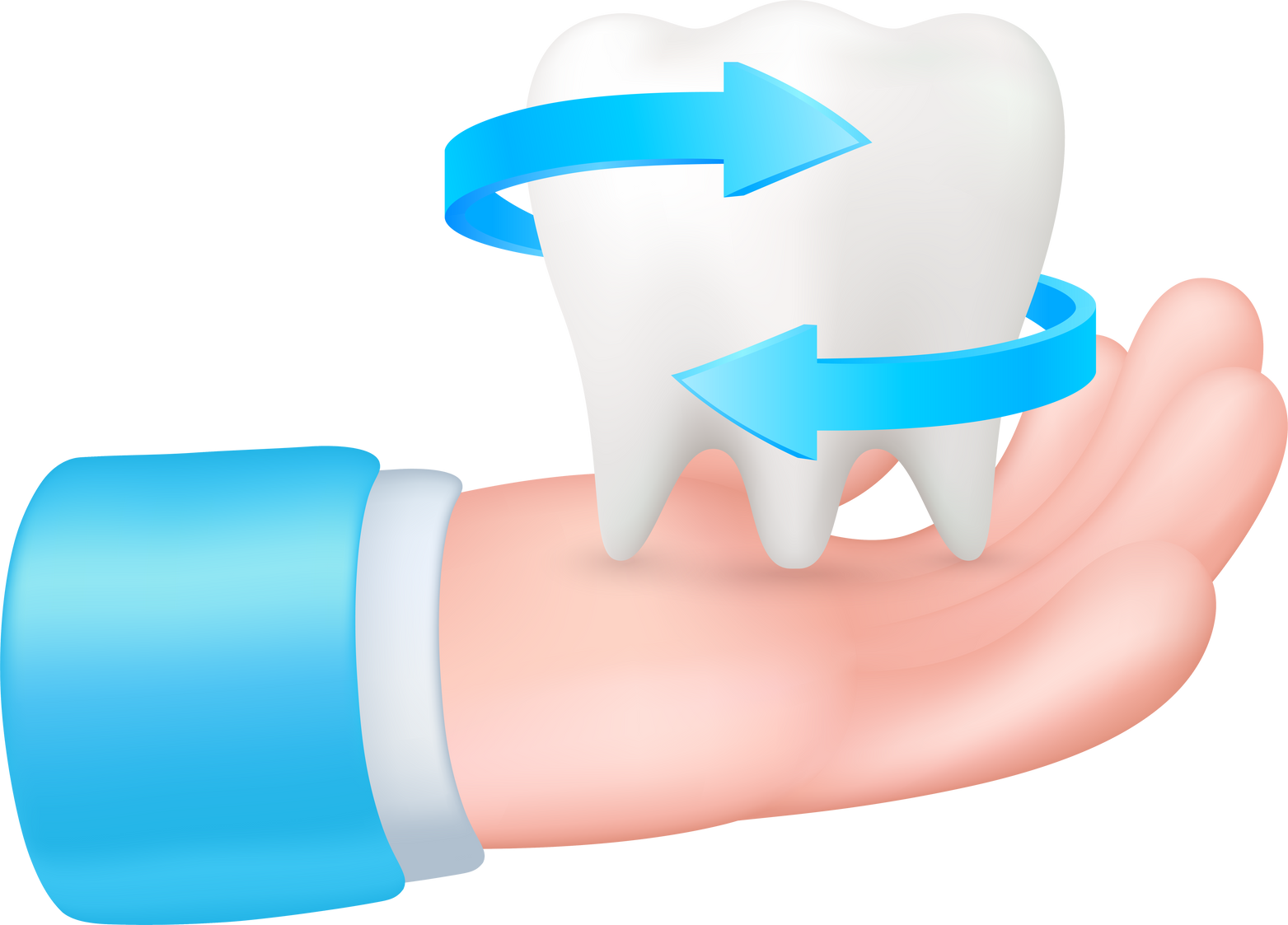 Two arrows blue circulating around tooth  in hand doctor. Teeth cleanliness for children dental clinic design.